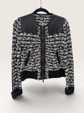 Rag & Bone Leather Trim Knit Jacket Zip Cardigan Black White Cropped Size S